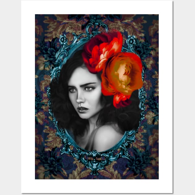 Luscious Red Flower Girl Portrait Artwork Wall Art Unique Digital Illustration Wall Art by Relaxing Art Shop